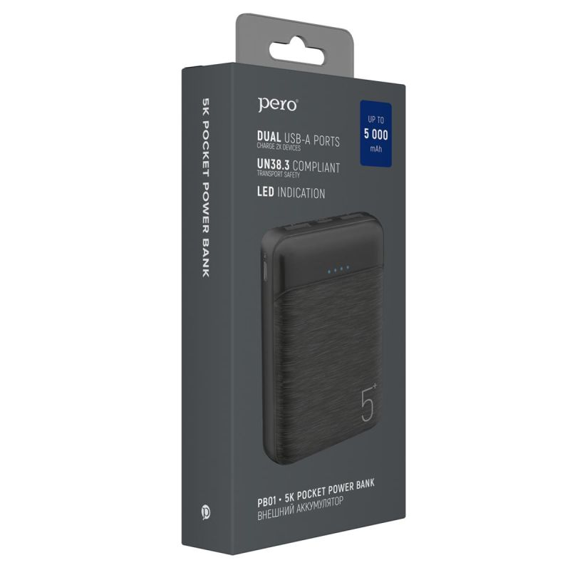 Внешний аккумулятор PERO PB01 5000 mAh, Li-Pol, output 2xUSB-A 2.1A, черный