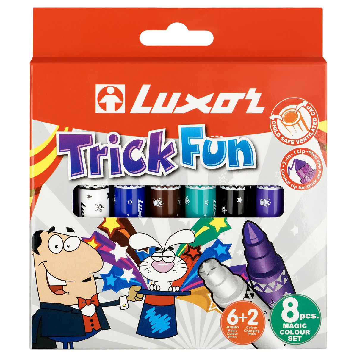 Фломастеры Luxor «Trick Fun », меняющие цвет, утолщенные, 06цв. +2, 8шт., картон, европодвес