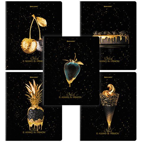 Тетрадь А5, 48 л., BRAUBERG, скоба, клетка, матовая ламинация, фольга, «Black&Gold»