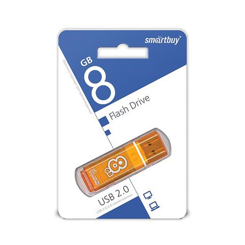 Флэш-диск 8 GB, SMARTBUY Glossy, USB 2.0, оранжевый
