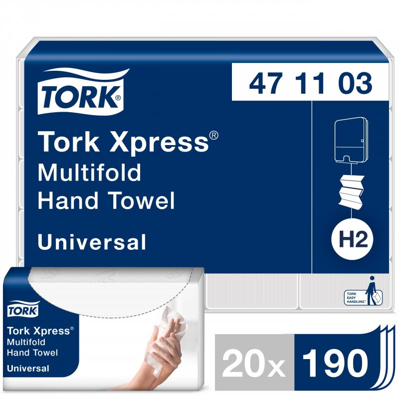 превью Полотенца бумажные листовые Tork Universal H2 Z-сложения 2-слойные 20 пачек по 190 листов (артикул производителя 471103)