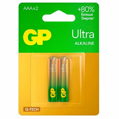 Батарейки КОМПЛЕКТ 2 шт., GP Ultra G-Tech, AAA (LR03, 24А), алкалиновые, мизинчиковые