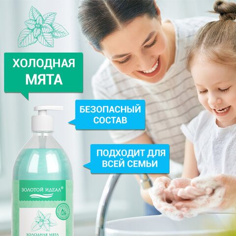Мыло-крем жидкое с АНТИБАКТЕРИАЛЬНЫМ ЭФФЕКТОМ 1 л ЗОЛОТОЙ ИДЕАЛ «Холодная мята»дозатор608285