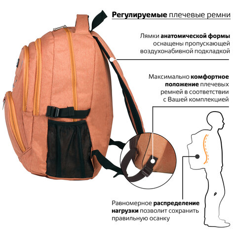 Рюкзак BRAUBERG для учениц средней школы, 30 л, оранжевый, «Каньон», 46×34×18 см