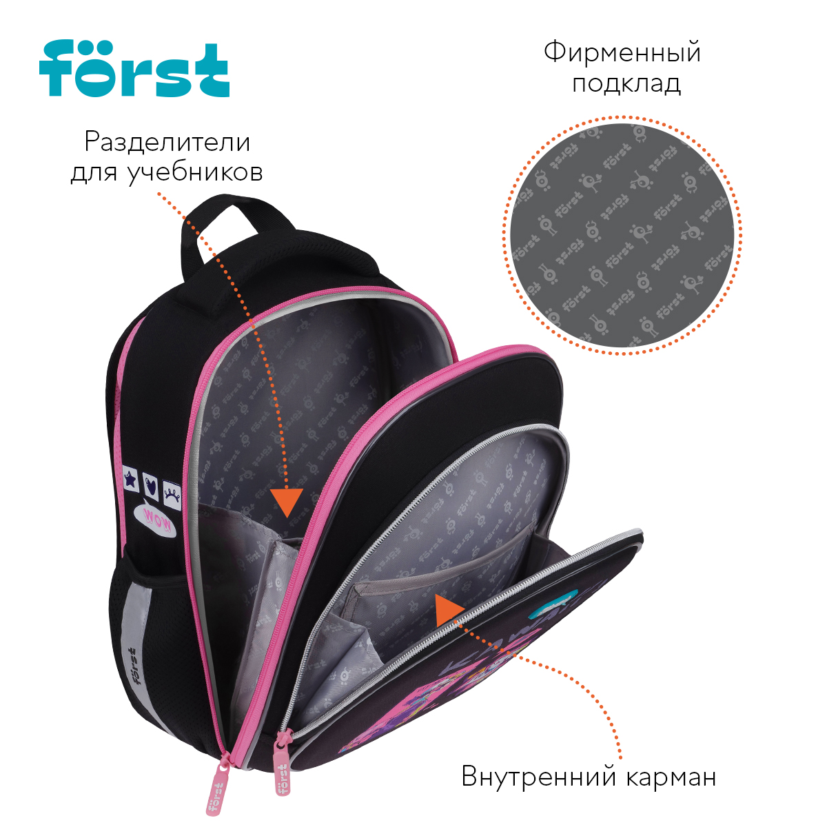 Ранец Först F-Light «Kawaii» 36×27×15см, 2 отделения, 2 кармана, анатомическая спинка