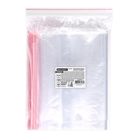 Пакеты ZIP LOCK «зиплок» ПРОЧНЫЕкомплект 100 шт.20×30 смПВД60 мкмBRAUBERG EXTRA608174