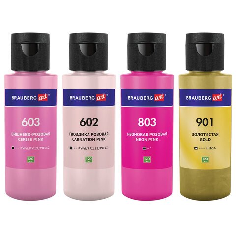 Краски акриловые для техники «Флюид Арт» (POURING PAINT), 4 цвета по 120 мл, Розовые тона, BRAUBERG ART