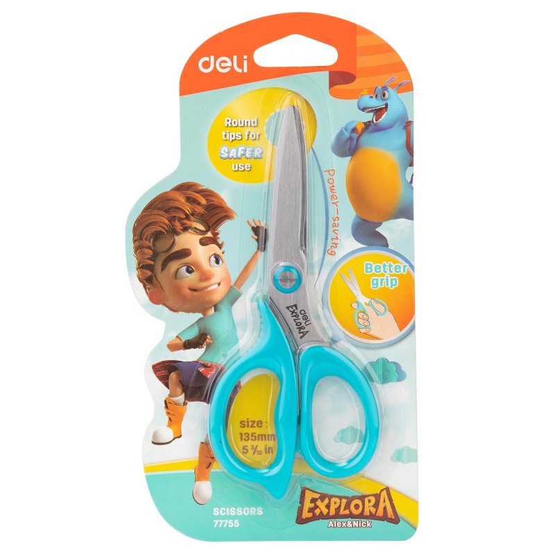 Ножницы детские Deli Explora E77755-BLUE 135мм, сталь, ассимм ручки, голубой