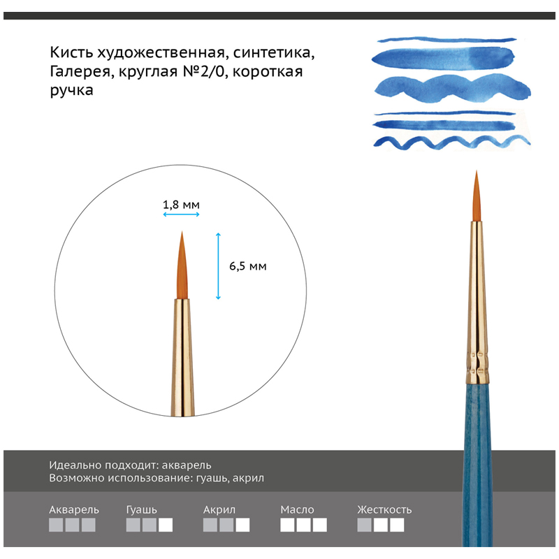 Кисть художественная синтетика Гамма «Галерея», круглая №2/0, короткая ручка