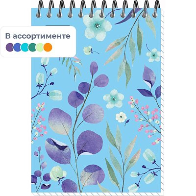 Блокнот А6.40л, клетка, гребень Цветы, в ассорт