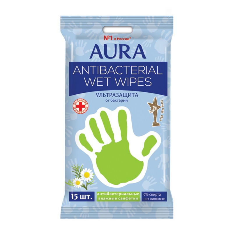 Салфетки влажные Aura «Derma Protect» pocket-pack, 15шт., антибакт., с лимоном/ромашкой