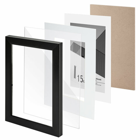 Рамка 15×21 см с паспарту 10×15 см небьющаяся, багет 20 мм, пластик, BRAUBERG «New Age», черная