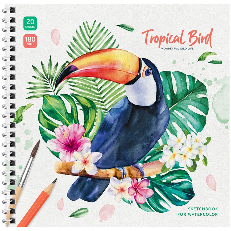 Скетчбук для акварели 20л. 190×190 на гребне ArtSpace «Tropical Bird», 180г/м2
