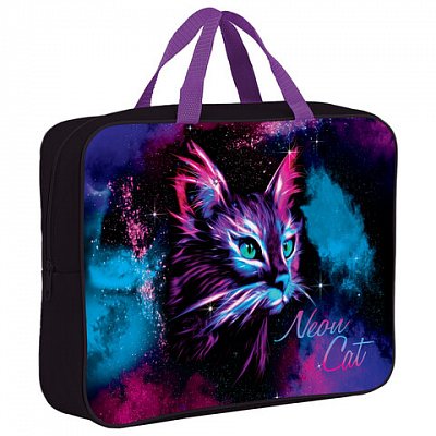 Папка на молнии с ручками BRAUBERG А4, 1 отделение, полиэстер, 80 мм, «Neon cat»
