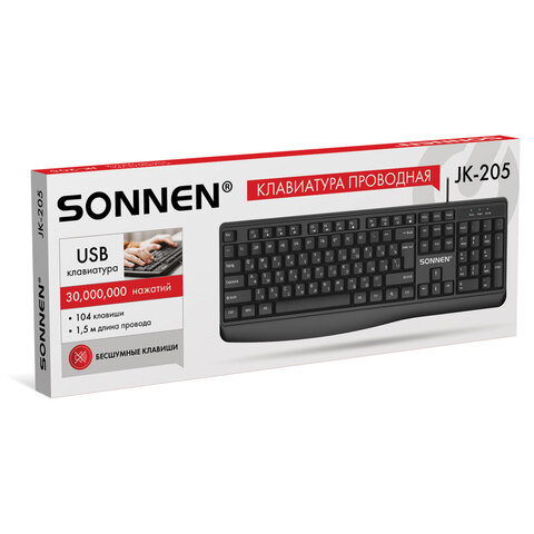 Клавиатура проводная бесшумная USB, 104 клавиши, SONNEN JK-205, черная