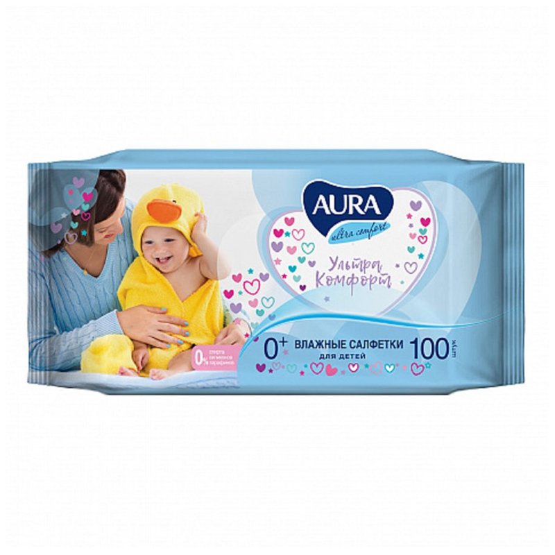 Салфетки влажные КОМПЛЕКТ 100 шт., для детей AURA «Ultra comfort», универсальные, очищающие, гипоаллергенные, без спирта