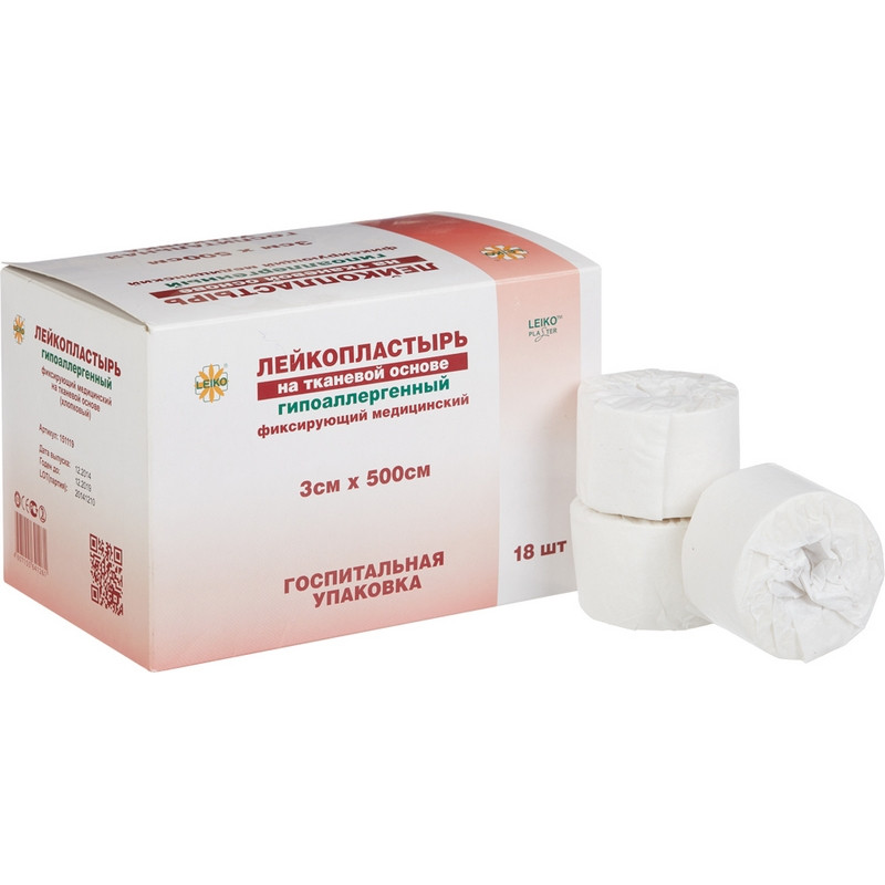 Лейкопластырь Leiko plaster 3×500 см на тканевой основе (18 штуки в упаковке)