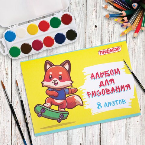 Альбом для рисования А4 8 л., скоба, обложка офсет, ПИФАГОР, 203×288 мм, «Скейтер» (2 вида)