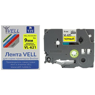 Картридж Vell VL-621 (Brother TZE-621, 9 мм, чер на желтом) для PT {Vell621