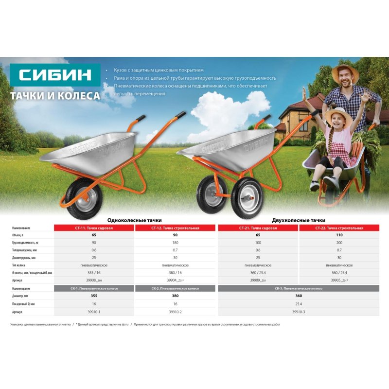 Тачка садовая одноколесная СИБИН СТ-11 65 л 90 кг