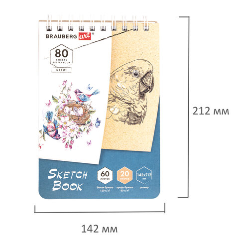 Скетчбук, белая бумага 120 г/м2 + крафт 80 г/м2 142×212 мм, 60 + 20 л., гребень, BRAUBERG ART DEBUT