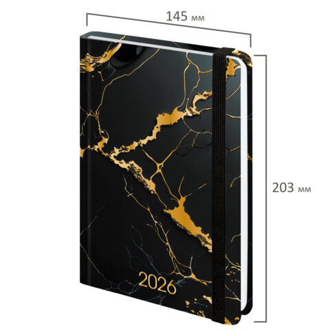 Ежедневник датированный 2026 с резинкой 145×203 мм, А5, BRAUBERG, твердый, фольга, «Черный мрамор»