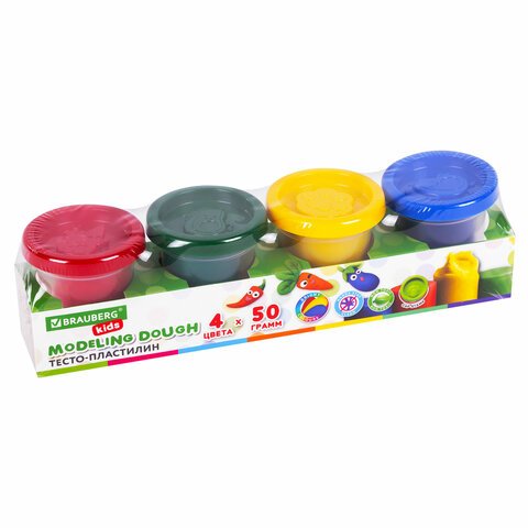 Пластилин-тесто для лепки BRAUBERG KIDS, 4 цвета, 200 г, яркие классические цвета, крышки-штампики