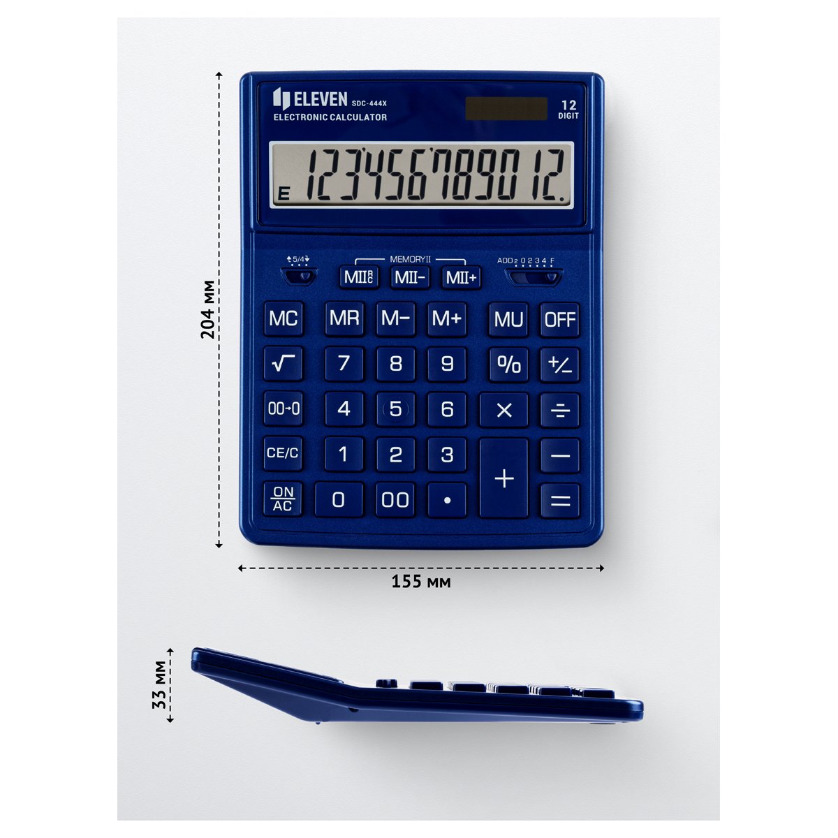 Калькулятор настольный Eleven SDC-444X-NV, 12 разрядов, двойное питание, 155×204×33мм, темно-синий