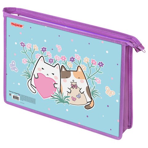 Папка для тетрадей ПИФАГОР А4, 1 отделение, картон/пластик, на молнии, «Cat friends»
