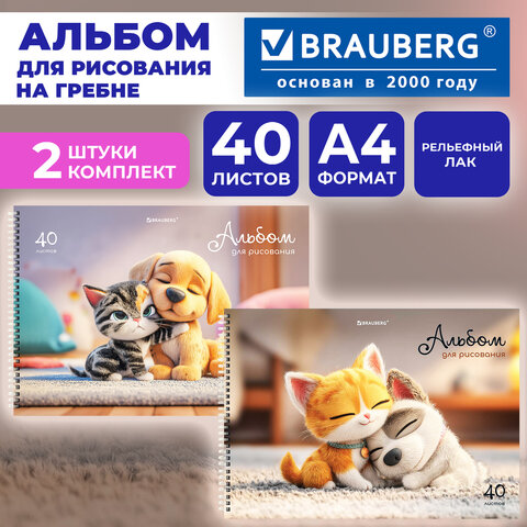 Альбомы для рисования ДЭК, А4, 40 л., КОМПЛЕКТ 2 шт., гребень, TWIN-лак, BRAUBERG, 200×290 мм, «Best Friends»
