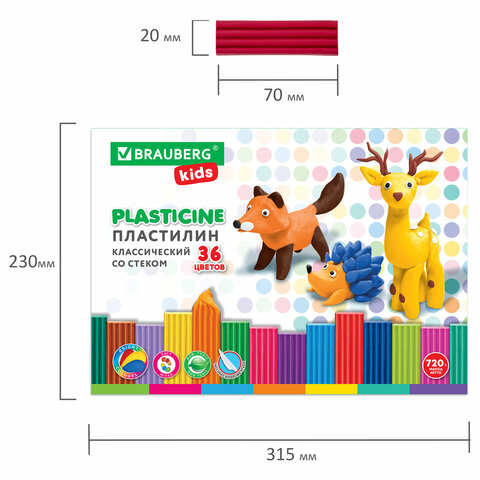 Пластилин классический BRAUBERG KIDS, 36 цветов, 720 г, стек, ВЫСШЕЕ КАЧЕСТВО