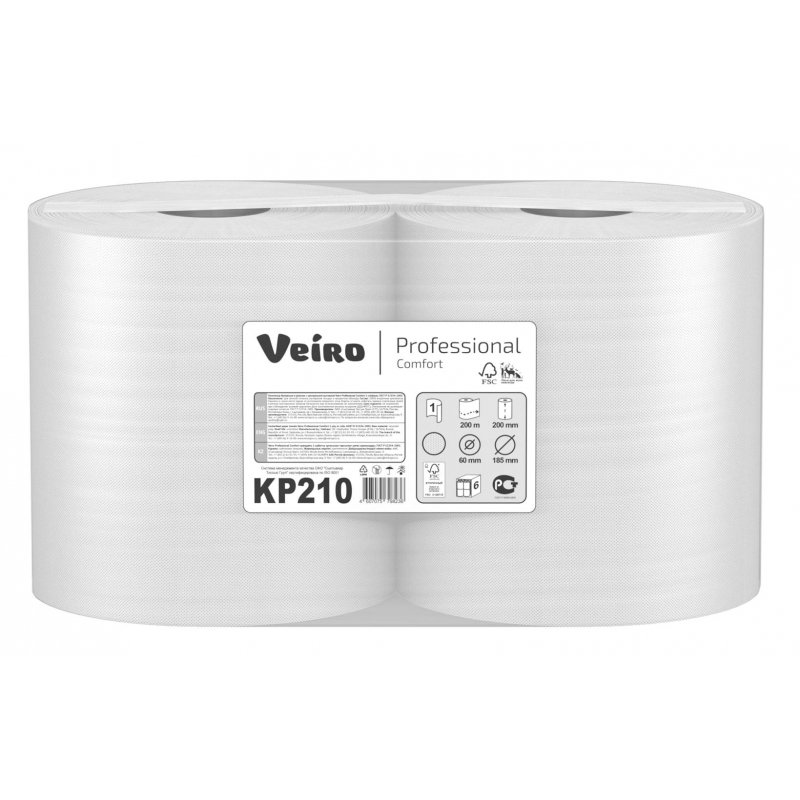 Полотенца бумажные в рулонах Veiro Professional Comfort KP210 1-слойные 6 рулонов по 200 метров (с центральной вытяжкой)