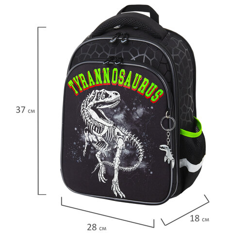 Ранец BRAUBERG QUADRO, 3 отделения, с брелком, «Tyrannosaur», светящийся рисунок, 37×28х18 см