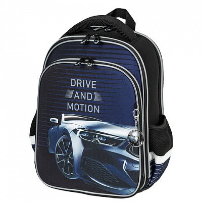 Ранец BRAUBERG QUADRO, 3 отделения, с брелоком, «Sport car», LED-ЛАМПОЧКИ, 37×28х18 см