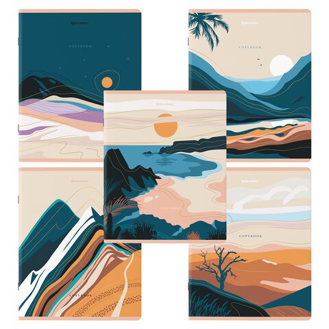 превью Тетради КОМПЛЕКТ 5 шт. А5, 48 л., BRAUBERG, скоба, клетка, SoftTouch, фольга, «Mountains»