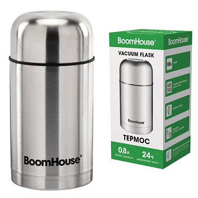 Термос 0.8 л для еды/напитков с широким горлом, BOOMHOUSE (БУМХАУС) WIDE, нержавеющая сталь SUS304, серебристый