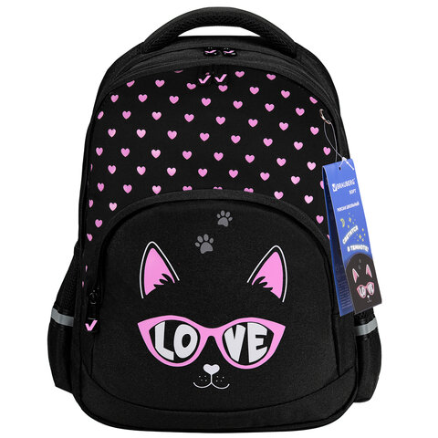Рюкзак BRAUBERG SOFT, 2 отделения, 3 кармана, «Cool cat», СВЕТЯЩИЙСЯ, 40×31х15 см