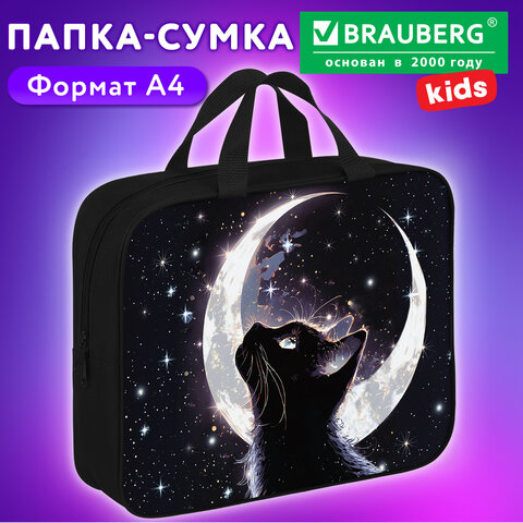 Папка на молнии с ручками BRAUBERG KIDS А4, 1 отделение, полиэстер, 80 мм, «Лунная ночь»