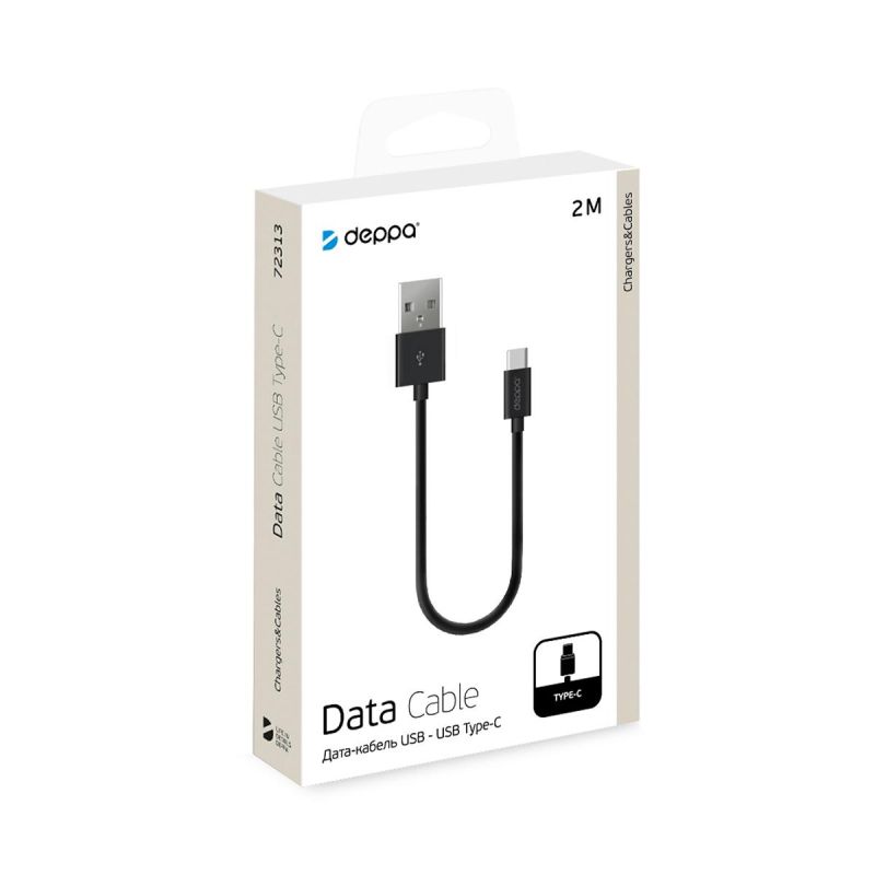 Кабель Deppa USB-A - USB-C, USB 2.0, 2.4A, 2м, черный