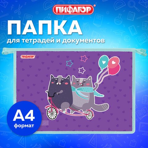 Папка для тетрадей ПИФАГОР А4, 1 отделение, картон/пластик, на молнии, «Bike cats»
