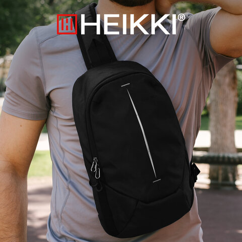 Рюкзак однолямочный HEIKKI SPORTING (ХЕЙКИ), светоотражающая полоса, черный, 37×23х10 см