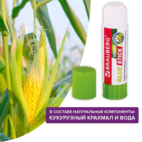 Клей-карандаш на натуральной основе BRAUBERG GREEN, 15 г