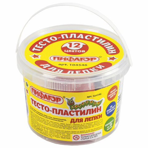 Пластилин на растительной основе (тесто для лепки) ПИФАГОР, 12 цветов, 360 г, пластиковое ведро