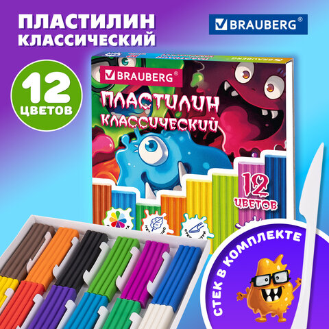 Пластилин классический «МОНСТРИКИ», 12 цв., 240г, СТЕК, ВЫСШЕЕ КАЧЕСТВО, BRAUBERG