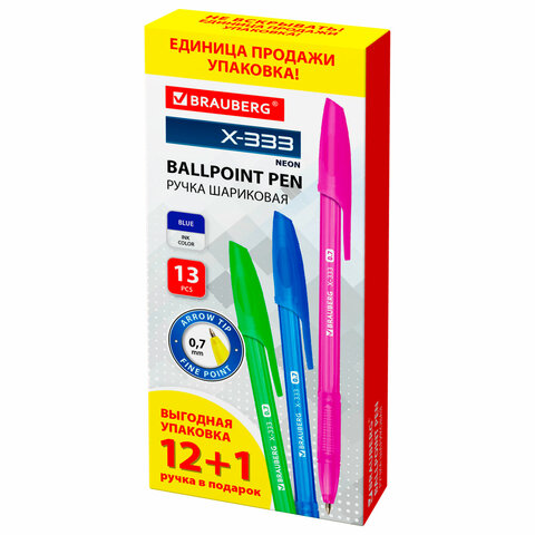 превью Ручка шариковая BRAUBERG «X-333 NEON», 12+1 В ПОДАРОК!, синяя, КОМПЛЕКТ 13 шт., узел 0.7 мм, линия 0.35 мм