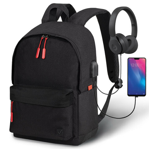 Рюкзак BRAUBERG URBAN универсальный с отделением для ноутбука, USB-порт, «Energy», черный, 44×31х14 см