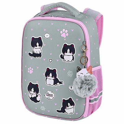 Ранец BRAUBERG LIGHT, 1 отделение, с брелоком, «Cat patches», плюшевые нашивки, 36×26х13 см