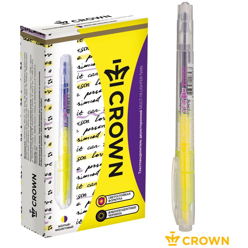 Текстовыделитель двухсторонний Crown «Multi Hi-Lighter Twin» желтый/фиолетовый, 3/2мм