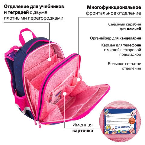 Ранец BRAUBERG PREMIUM, 2 отделения, с брелоком, «Cute fox», LED-ЛАМПОЧКИ, 38×29х16 см