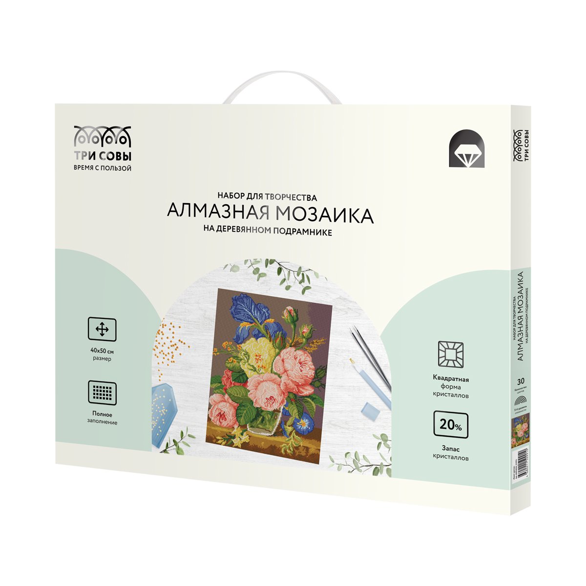 Алмазная мозаика ТРИ СОВЫ «Букет цветов», 40×50см, холст на деревянном подрамнике, картонная коробка с пластиковой ручкой